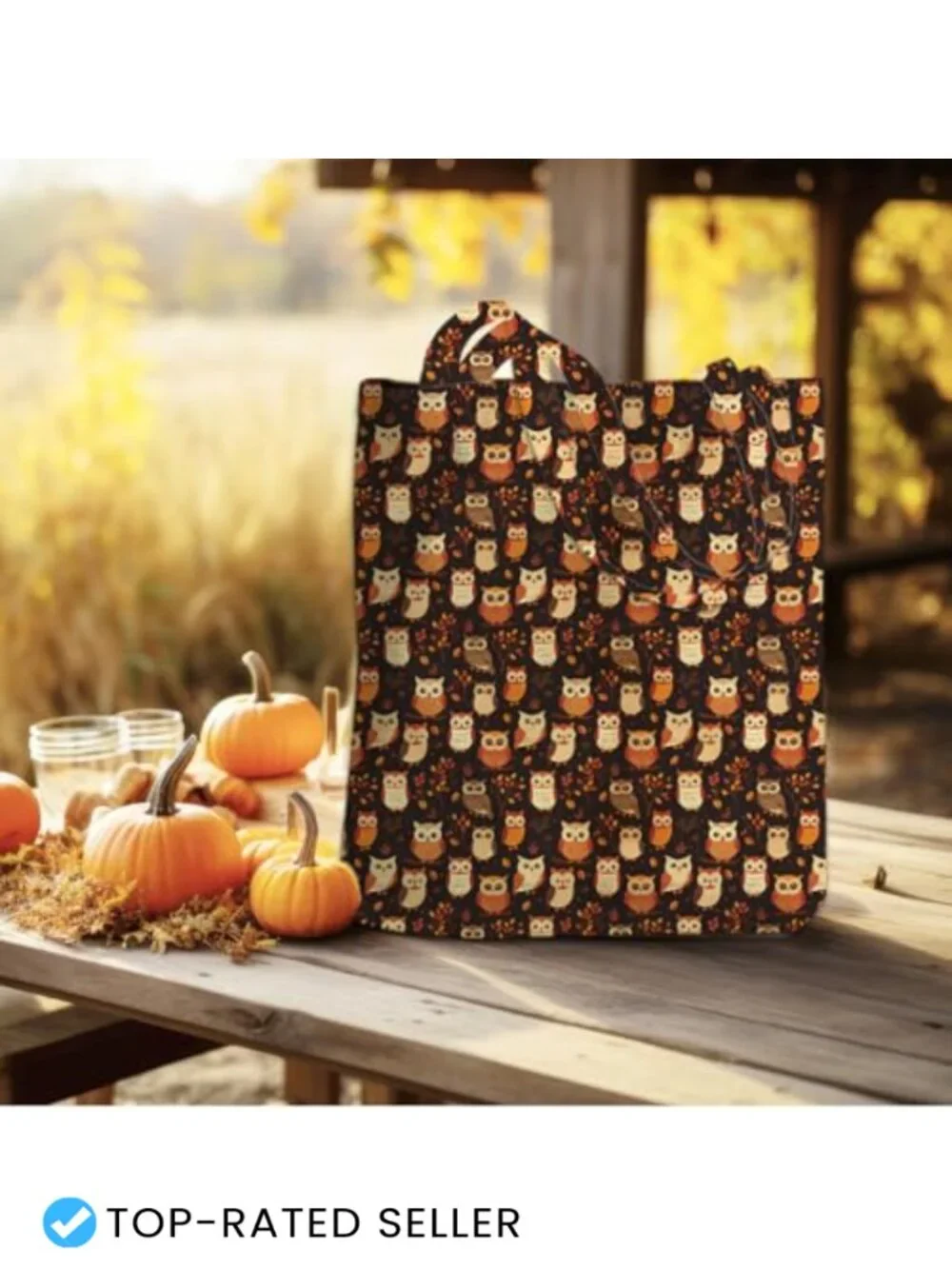 Autumn Owl Canvas Tote Bag Reusable Grocery Beach Bag Fall Thanksgiving